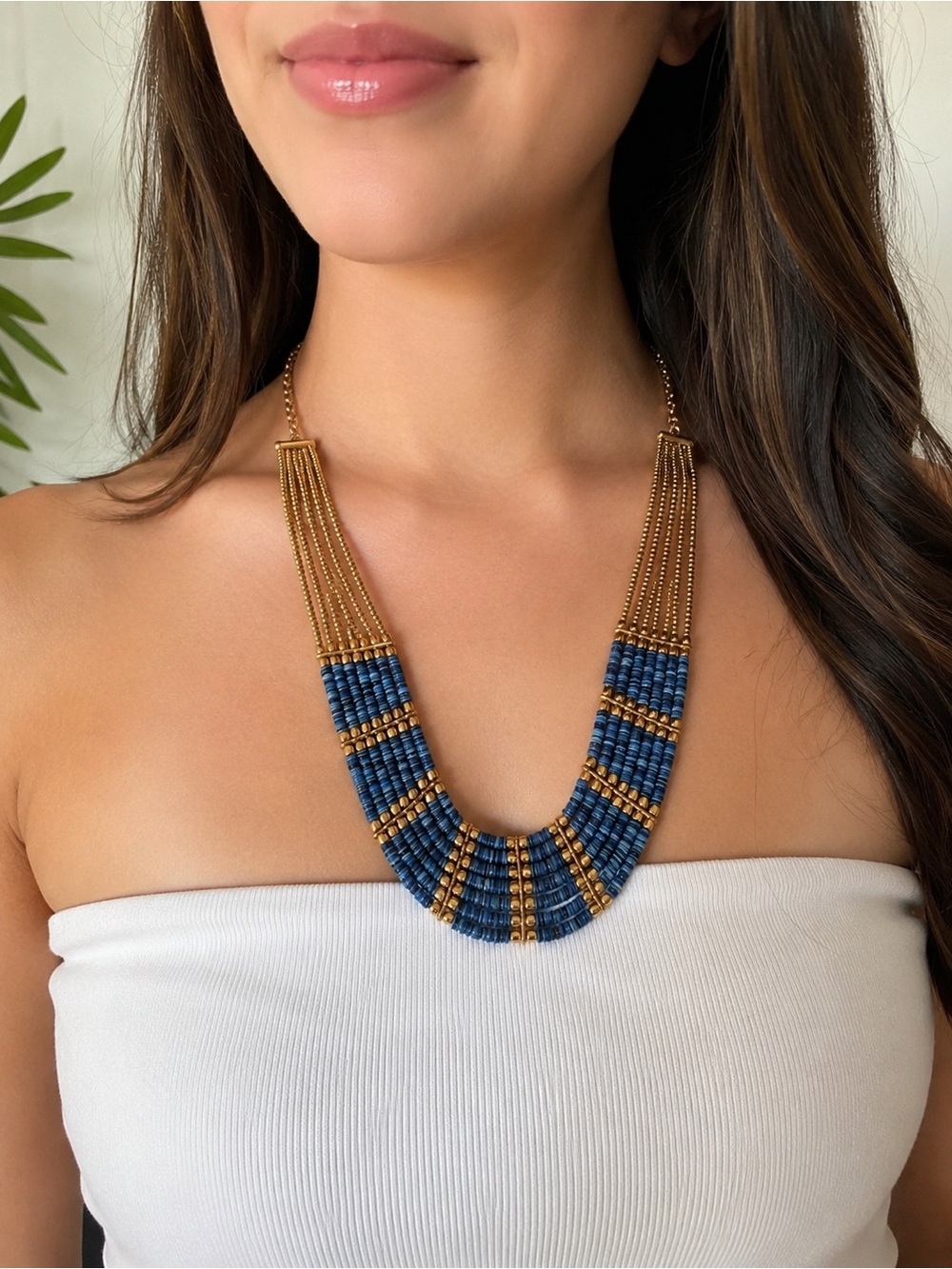 Gold and Blue Beaded Statement Necklace - Women Jewelry